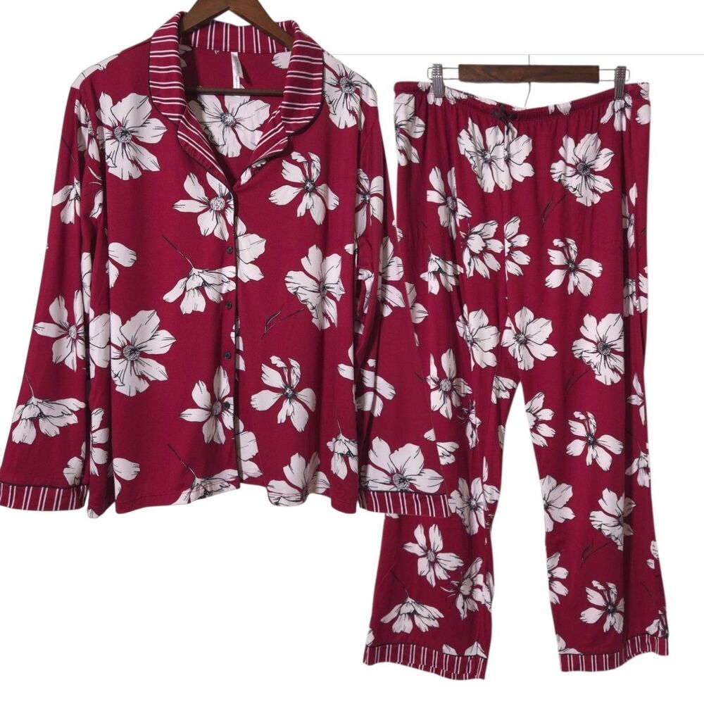 Flora Nikrooz Red Floral Pajamas XL Womens Set 2 Piece Button Up Comfy